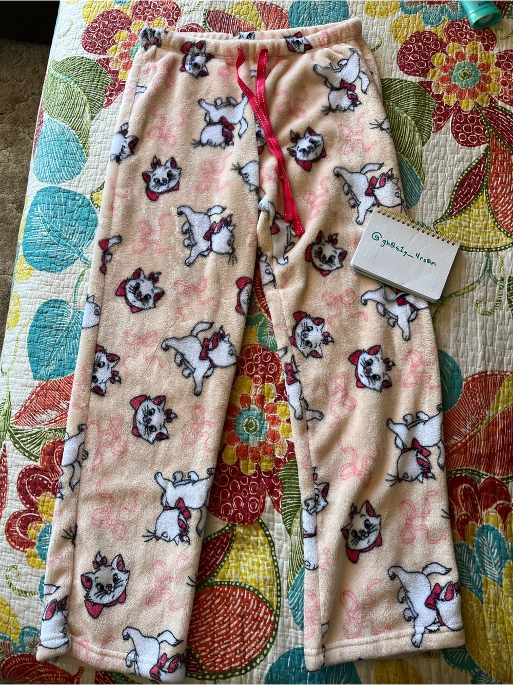 Disney Cream Cat Print Pajama Bottoms with Pink Drawstring